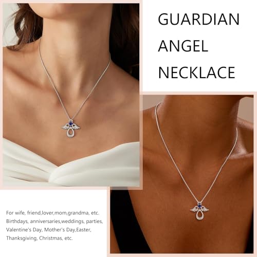 925 Sterling Silver Guardian Angel Pendant Necklace for Women with Birthstone Cubic Zirconia Little Angel Pendant Necklace Jewelry 18 inch Chain - color: 09-Sept-Sapphire