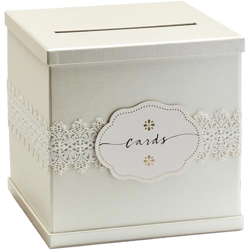 Ivory Wedding Card Box, Large 10” White Gift Card Box Envelope Money Holder | Graduation, Funeral Reception, Bridal & Baby Shower, Anniversary, Quinceanera, Birthday Party, Sweet 16, Baptism Basket, Slot