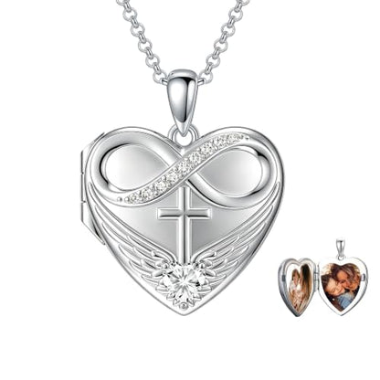 Heart Locket Necklace 925 Sterling Silver Personalized Picture Locket Pendant Birthday Christmas Jewelry Memorial Gifts for Women - color: Angel Wings