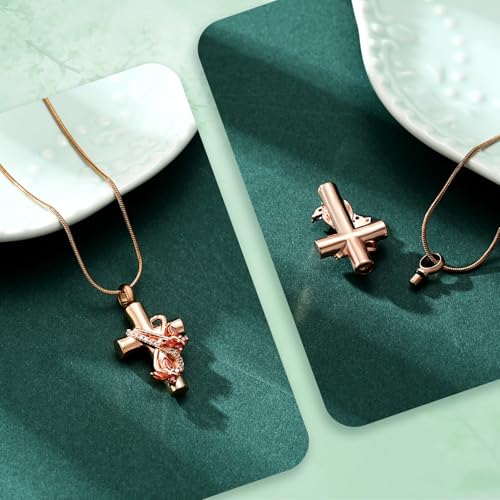 Butterfly Cross Cremation Jewelry Urn Necklaces Stainless Steel Cross Urn Necklaces for Ashes Memorial Keepsake Pendant for Women Gifts With Funnel Kit & Bag - color: Rose+Red