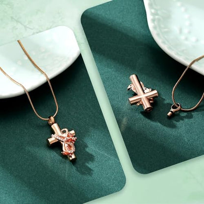 Butterfly Cross Cremation Jewelry Urn Necklaces Stainless Steel Cross Urn Necklaces for Ashes Memorial Keepsake Pendant for Women Gifts With Funnel Kit & Bag - color: Rose+Red