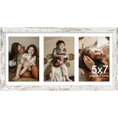 decorUhome 3 5x7 Picture frames Collage Wall Decor with Mat, MD12DW | Distressed White 8x16 Engineered Wood Picture frame, Fits Three 5x7 Photos with Mat, 1 Pack - color: Distressed White, size: 8x16 (3-5x7)