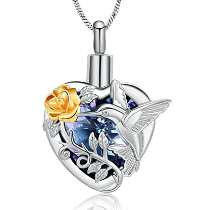 Yinplsmemory Hummingbird Cremation Jewelry Crystal Heart Urn Ashes Necklace for Women Men Memorial Keepsake Necklace of Loved One - color: Purple-Gold