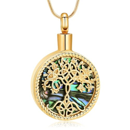 Hearbeingt Tree of Life Urn Necklaces for Ashes Circle Cremation Jewelry - color: B-Gold