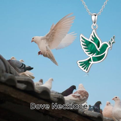 Dove/Hummingbird/Red Cardinal/Dragonfly/Butterfly Necklace 925 Sterling Silver Turquoise/Opal/MoonStone/Crystal/Malachite Bird Necklace Dove Pendant Jewelry for Women Men - color: Dove Malachite