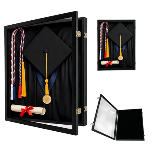 Graduation Shadow Box Frame 23.6x17.7 Inch, Large Memory Display Case for Cap Gown Diploma & Keepsakes, Wood Shadow Box with Glass Door, Lockable Graduation Frame with Pins & Hanging Hardware, Black