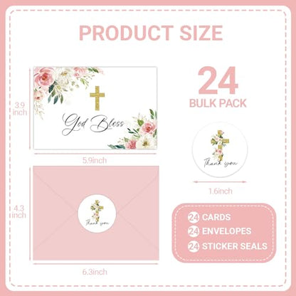 24 Pack Christian Thank You Cards, Watercolor Pink Floral Cross Baptism Thank You Cards with Envelopes & Stickers, VBS Thank You Cards First Communion & Religious Occasions - style: 24 Pcs - Pink Christian