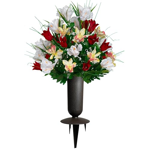 Artificial Cemetery Flowers - Grave Decoration - Red Tulips and White Iris (1) Bouquet (1) Vase - color: Red/White, size: (1) Bouquet (1) Vase
