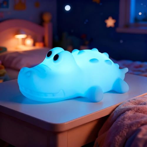 Cute Crocodile Night Light, Adorable Baby Crocodile Gifts, Soft Silicone Lamp with 3 Level Warm Light and RGB Changing, Breastfeeding Nursery Portable Kawaii Bedside Lamp for Boys and Girls - style: Crocodile