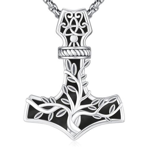 Sterling Silver Tree of Life Necklace for Women Oval Family Tree Necklace Abalone Shell Moonstone Pendant Mother Day Necklace for Mom Tree of Life Jewelry - style: Tree of Life-Thor hammer-Obsidian
