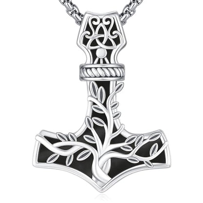 Sterling Silver Tree of Life Necklace for Women Oval Family Tree Necklace Abalone Shell Moonstone Pendant Mother Day Necklace for Mom Tree of Life Jewelry - style: Tree of Life-Thor hammer-Obsidian