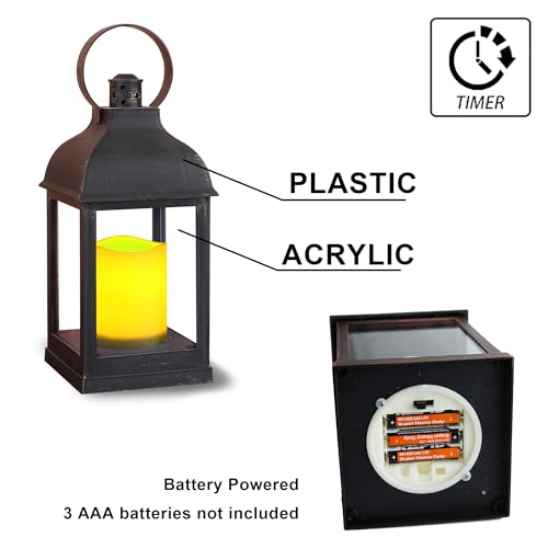 WRalwaysLX 2pack Decorative Lantern with flameless LED Candle Light, ON/Off/Timer Candle with 6Hours, Outdoor/Indoor LED Lantern, Use AAA Battery(not Include) Bronze Plastic (4x9) - size: 2pack 4x9"