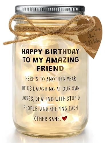 Best Friend Birthday Gift for Women, Funny Friendship Mason Jar Night Light | Unique Birthday Present, Meaningful Appreciation Keepsake, Coworker Farewell, Sentimental 15oz Glass - style: HAPPY BIRTHDAY