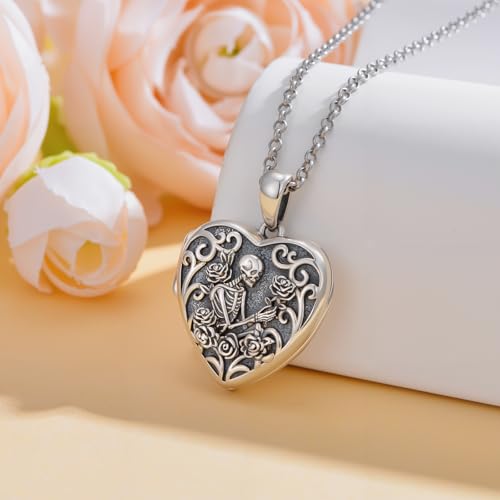 Personalized Heart Locket Necklace That Holds Pictures 925 Sterling Silver Custom Photo Lockets Necklaces Jewelry Gifts for Family Women Lover - color: Skull Rose, style: Locket Only