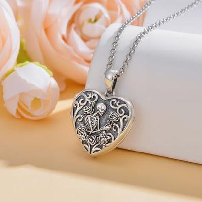 Personalized Heart Locket Necklace That Holds Pictures 925 Sterling Silver Custom Photo Lockets Necklaces Jewelry Gifts for Family Women Lover - color: Skull Rose, style: Locket Only