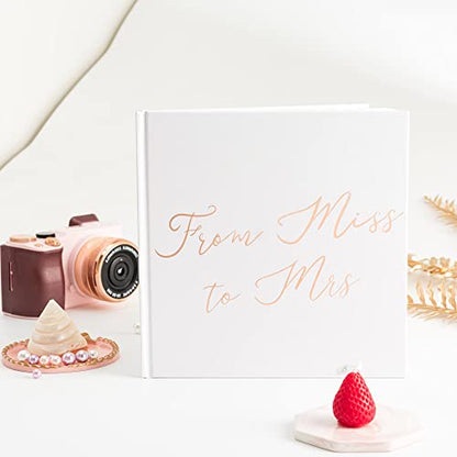 Calculs From Miss To Mrs Picture Book for Instax Film, Polaroid Bridal Shower Guest Book Blank Pages Bride To Be Scrapbook, 8.5” Square White Cover Rose Gold Script - style: Latin