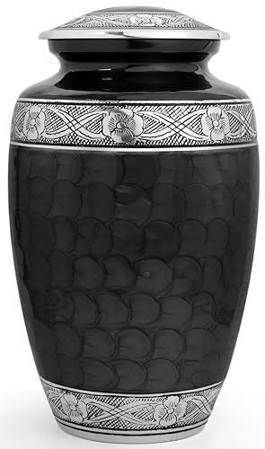 Black Silver Cremation Urn, Engraved Floral | Handcrafted metal, hand-engraved floral design, secure threaded lid, adult ashes, 6.5 in wide - color: Silver Black, size: Antique Silver Floral - 6.5x11"
