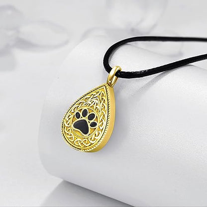 Dreamboat Pet Urn Necklace for Dog Cat Ashes 925 Sterling Silver Paw Print Cremation Keepsake Pendant Celtic Knot Memorial Jewelry Gifts for Women Men - style: 04C-Teardrop (Gold)