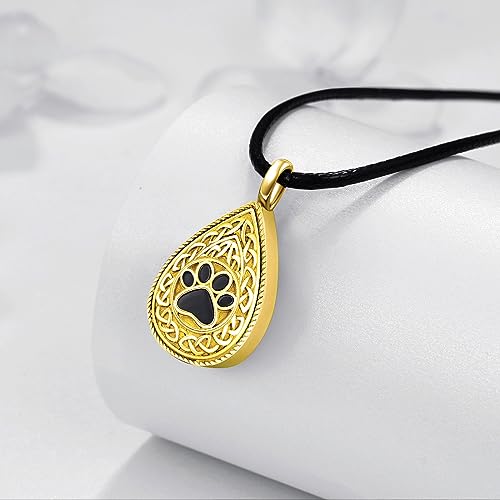 Dreamboat Pet Urn Necklace for Dog Cat Ashes 925 Sterling Silver Paw Print Cremation Keepsake Pendant Celtic Knot Memorial Jewelry Gifts for Women Men - style: 04C-Teardrop (Gold)