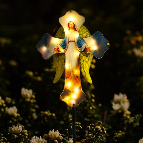 Solar Virgin Mary Cross Garden Stake Light Angel Wing Memorial | Waterproof、Cemetery Use、Easter Decoration、Sympathy Gift - color: Golden Mary