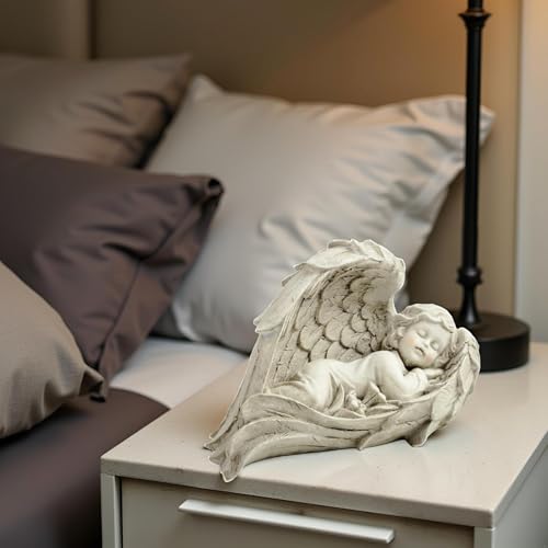 Sleeping Angel Figurine in Wings, Resin Guardian Angel Decor, 7.87 Inch | Hand-painted resin guardian angel with sculpted wings for shelves, bedside tables and comforting gifts for women