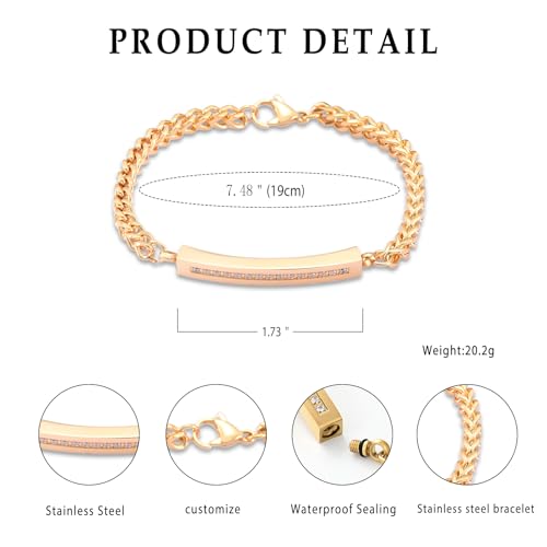 Cremation Urn Cuff Bracelet for Ashes Stainless Steel Crystal Cube Cremation Bangle Keepsake Ashes Jewelry - color: Gold