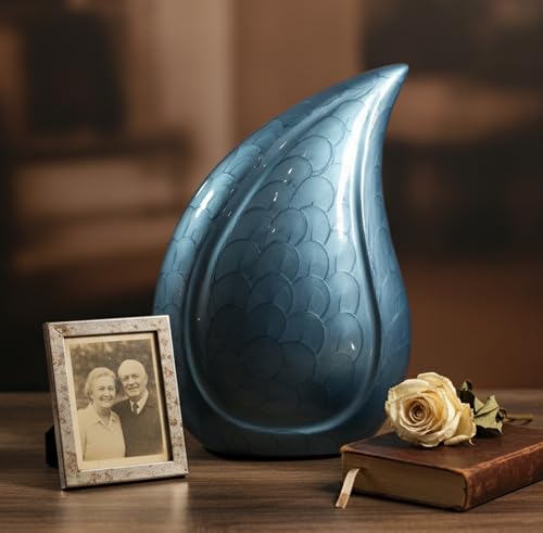 eSplanade Metal Cremation Urn Memorial Jar Pot Container | Full Size Embossed Urn for Ashes Funeral Burial | Teardrop Metal Urns | Dark Blue - 10" Inches