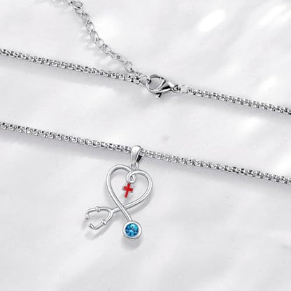 Angel Wings Necklace 925 Sterling Silver Guardian Angel Nurse RN Caduceus Pendant Charm Crystal Angel Jewelry Gifts for Women - style: H-Stethoscope-12-Dec.-Blue Topaz