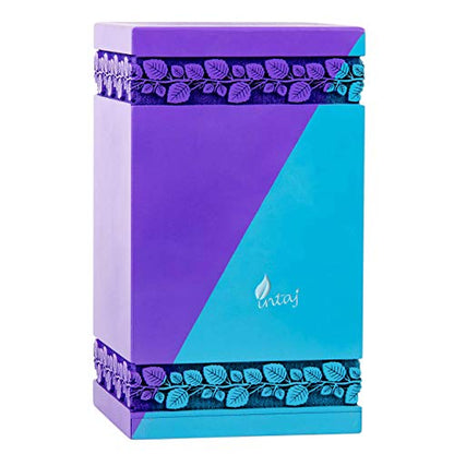 Wooden Urn for Human Ashes, 20 Cu in, Keepsake, Blue & Purple | Hand-carved wood, blue and purple, screw-locked sliding base, engraving available, holds a small share of ashes, to 20 lb - color: Blue & Purple, size: Keepsake - 3.50Hx2.00W (6.50 Cu/In)