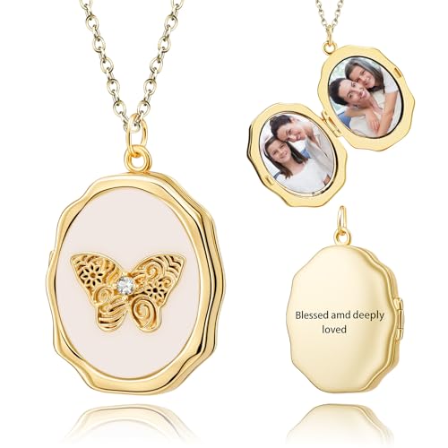 18K Gold Cross Locket Necklace for Women Holds Photo Necklace with Personalized Picture Necklaces Pendant 18 Inch Birthday Mother's Day for Women - color: Butterfly Locket Necklace