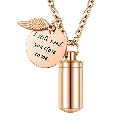 abooxiu Cylinder Urn Necklace for Ashes Cremation Jewelry/Keychain for human Pet Stainless Steel Memorial Keepsake Pendant with Angel Wing Charm Ashes - color: Rose Gold-s