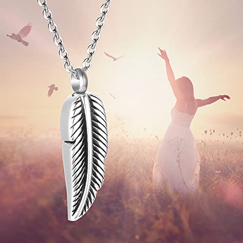 SIYUU Feather Urn Necklace Hold Cremation Ashes Keepsake Memorial Jewelry Stainless Steel Personalized Funeral Jewelry for Women Men - color: Silver