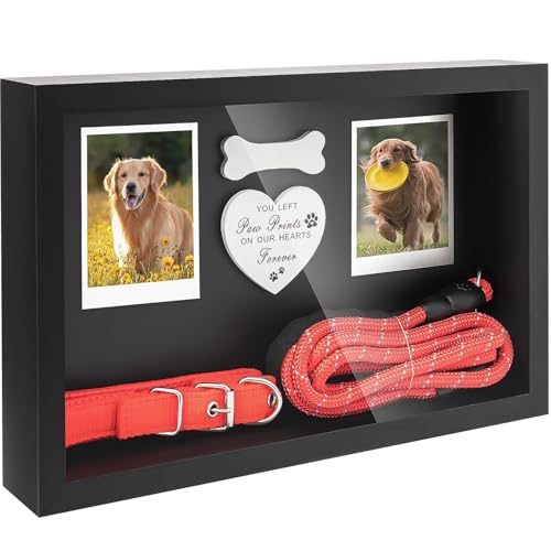 Dog Memorial Gifts for Loss of Dog, Pet Memorial Dog Picture Frame 13" Wooden Shadow Box Display with Collar & Leasd Holder, Sympathy Gift for Loss of Dog/Cat, Wall Hanging & Tabletop (Dark Grey) - color: Dark Grey