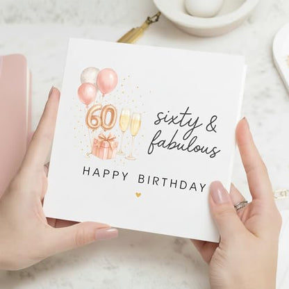 TEEMI-40th 50th 60th Birthday Card for Women - Fabulous Birthday Greeting Card with Envelope, Rose Gold Balloons Champagne Design, 300gsm Premium Cardstock, Blank Inside for Mom Sister Friend Wife (60th) - color: 60th