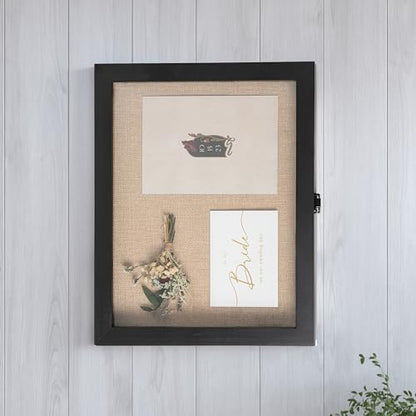 HBCY Creations 11x14 Black Wood Shadow Box Display Case - Solid Wood with Acrylic Window - Security Latch - for Mementos and Keepsakes