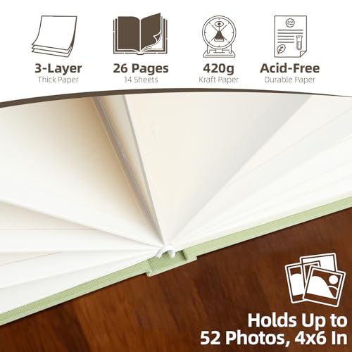 Vienrose Scrapbook Photo Album, 11x8.5 Inch, 26 Pages, Grass Green | Linen Cover, Kraft Paper, DIY Scrapbooking, Wedding Baby Shower Family Graduation - color: Dusty Sage Green, size: 11x8 Inch, 26 Pages