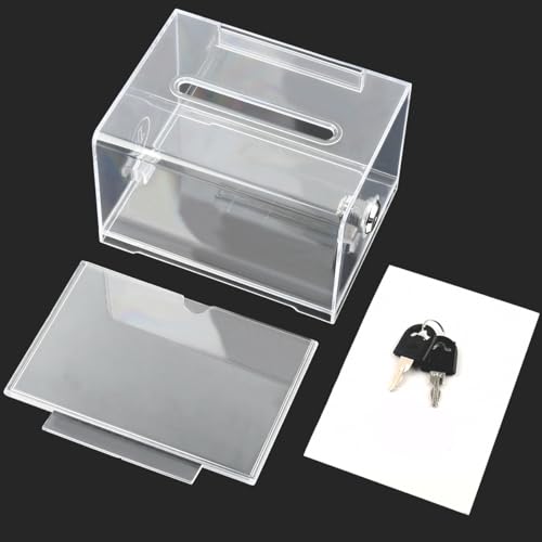 FOCCTS Clear Acrylic Donation Box with Lock, Ballot Box Suggestion Boxes With Sign Holder, Raffle Boxes With Slot for Voting Donation Ticket Comment Tips(6.2" x 4.5" x 4")