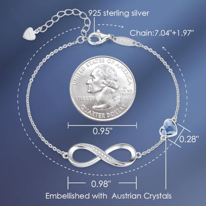 CDE 925 Sterling Silver Infinity Birthstone Bracelet Jewelry Gift for Women | Hypoallergenic,Non Tarnish,Heart CZ,Nickel-Free & Lead-Free,Anniversary Christmas Birthday Idea Gifts for Wife Girlfriend Her - color: Crystal-Blue