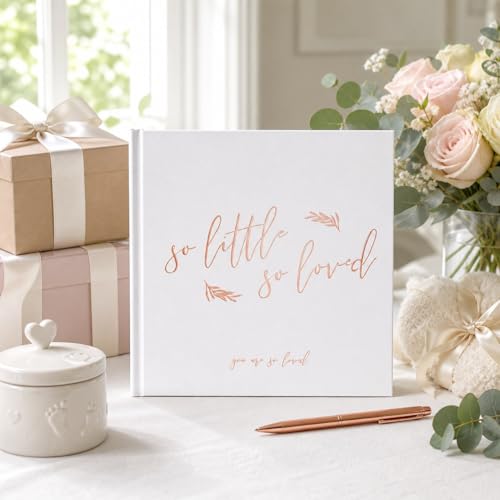 Calculs Baby Shower Picture Book Polaroid 'so little so loved' Party Guest Book Babies Scrapbook, White Cover, Rose Gold Foil Stamping, Blank White Pages - color: White & Rose Gold