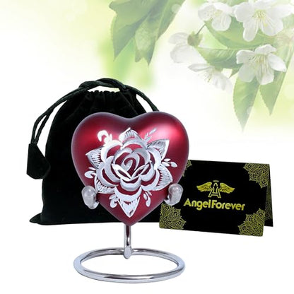 Rose Heart Keepsake Urn for Human Ashes Floral Mini Memorial Urn with Stand & Velvet Gift Box (Red) - color: Red