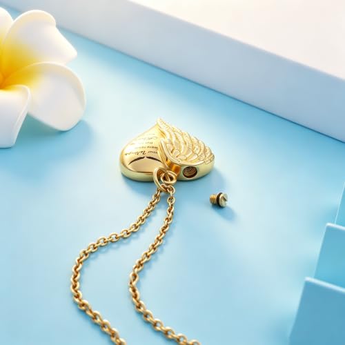 Heart Cremation Urn Necklace Human Ashes Jewelry for Women Men Engraved Your Wings were Ready but My Heart was Not Angel Wings Memorial Pendant Necklace Gift for Family Members - color: Gold