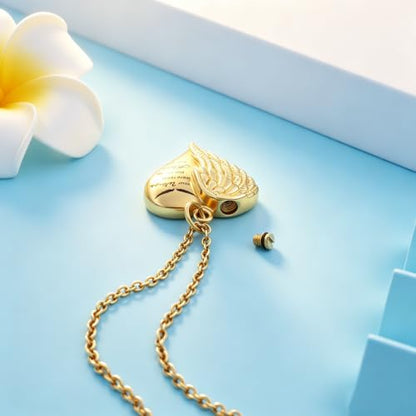 Heart Cremation Urn Necklace Human Ashes Jewelry for Women Men Engraved Your Wings were Ready but My Heart was Not Angel Wings Memorial Pendant Necklace Gift for Family Members - color: Gold