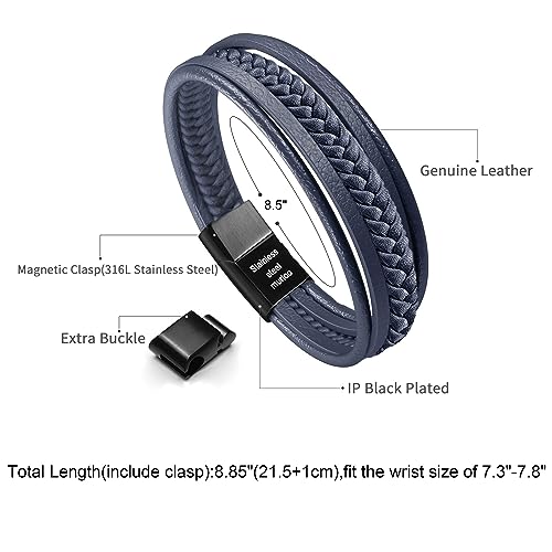Mens Leather Bracelet with Clasp Cowhide Multi-Layer Braided Leather Mens Bracelet - style: Dark Blue&Black Clasp 8.5