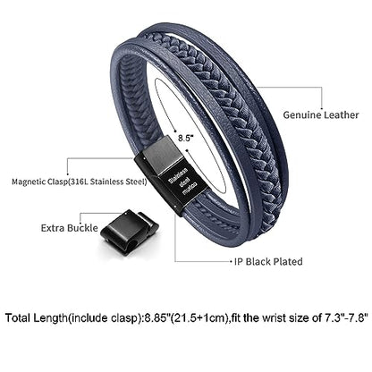 Mens Leather Bracelet with Clasp Cowhide Multi-Layer Braided Leather Mens Bracelet - style: Dark Blue&Black Clasp 8.5