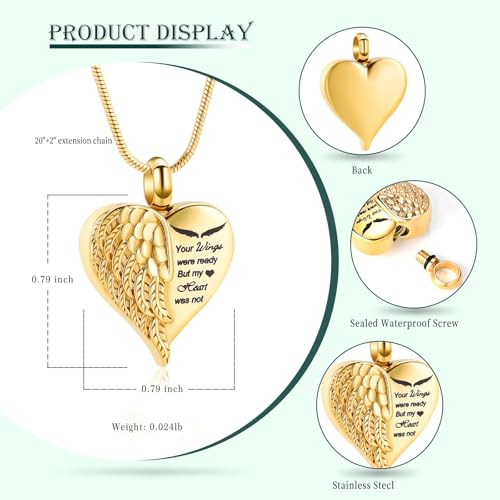 Love Heart Cremation Jewelry Urn Necklaces Wing Urn Necklaces for Ashes Memorial Keepsake Pendant for Women Men Gifts With Funnel Kit & Bag - color: Gold