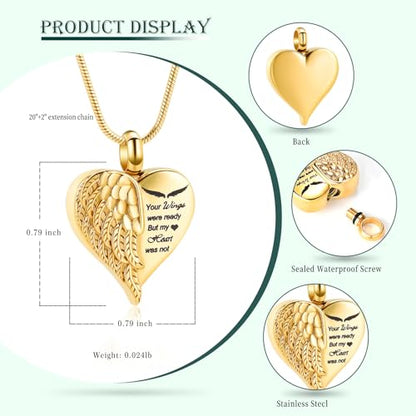 Love Heart Cremation Jewelry Urn Necklaces Wing Urn Necklaces for Ashes Memorial Keepsake Pendant for Women Men Gifts With Funnel Kit & Bag - color: Gold