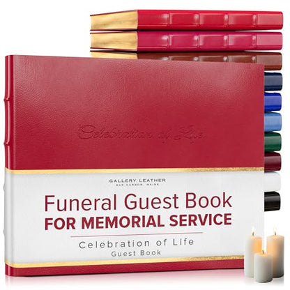Gallery Leather Funeral Guest Book for Memorial Service and Celebration of Life with 192 Lined Pages - Hardcover, Bound Leather, Perfect for Cherished Memories - 7 x 9 - Camden Red | 192 Lined Pages - Hardcover, Bound Leather Guest Sign in Book - 7 x 9 -