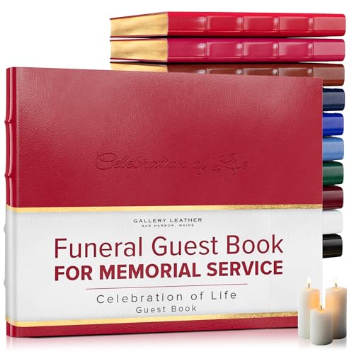 Gallery Leather Funeral Guest Book for Memorial Service and Celebration of Life | 192 Lined Pages - Hardcover, Bound Leather Guest Sign in Book - 7 x 9 - Camden Red - color: Camden Red, style: Celebration of Life