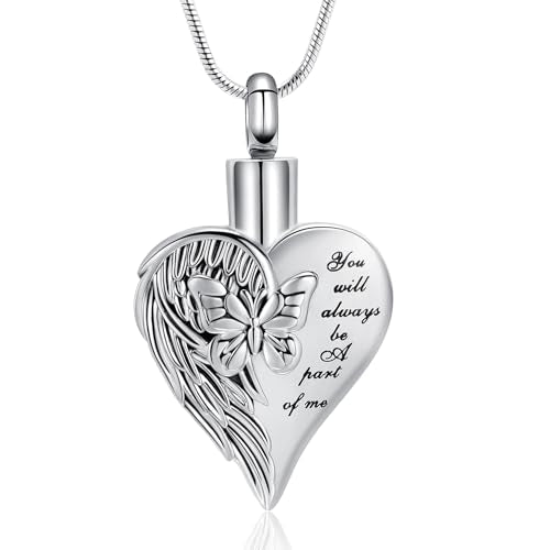 Love Heart Cremation Jewelry Urn Necklaces Butterfly Urn Necklaces for Ashes Memorial Keepsake Pendant for Women Men Gifts With Funnel Kit & Bag - color: Silver+Black