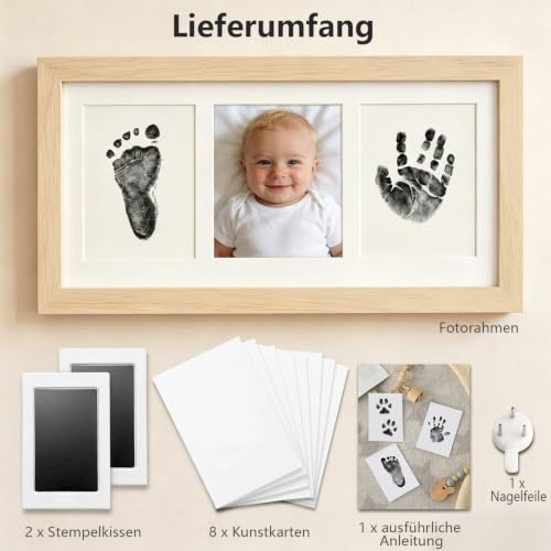 Baby Hand and Footprint Kit,Inkless Baby Handprint Kit with 2 Safe Clean-Touch Ink Pads and a Wooden Baby Picture Frames for Newborn,Baby Gifts-Ash Wood - color: Oak